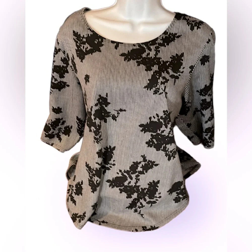 Vintage style black grey floral  pattern 3/4 sleeves Blouse Sz L